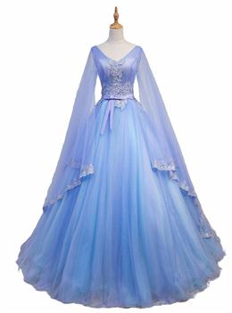 Picture of Pretty Blue V-neckline Prom Dresses with Long Sleeves, Lace Applique Party Dresses For Teen